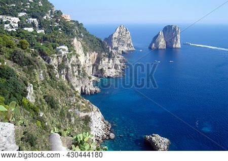 The Beach By The Sea On The Island Of Capri, Italy. Resort Island.