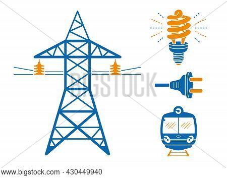 High Voltage Power Line Transmission Tower Or Pylon, Energy Saving Light Bulb Or Lamp, Ac Plug, Subw