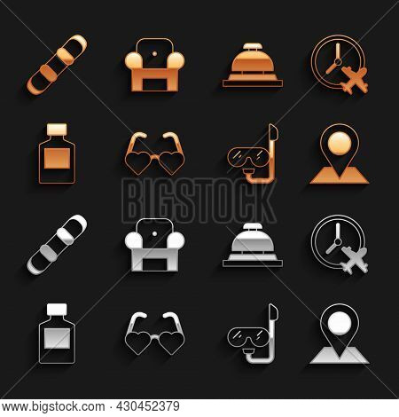 Set Heart Shaped Love Glasses, Clock With Airplane, Location, Diving Mask And Snorkel, Whiskey Bottl