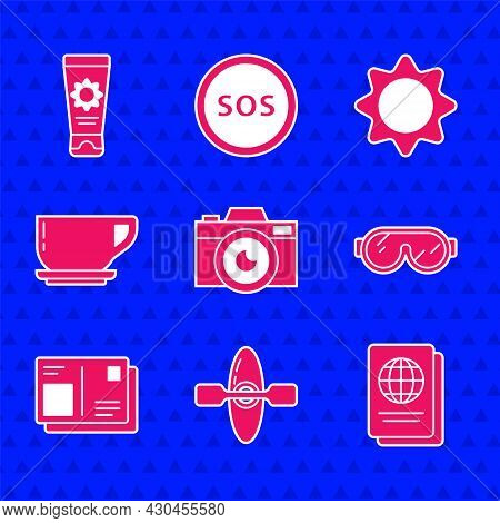 Set Photo Camera, Kayak Or Canoe, Passport, Ski Goggles, With Visa Stamp, Coffee Cup, Sun And Sunscr
