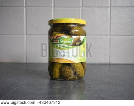 Sint Gillis Waas, Belgium, 20 August 2021, A Glass Jar With Large Pickles Under The Brand Name Regal