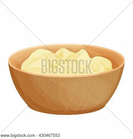 Ghee In Wooden Bowl Indian Traditional Butter In Cartoon Style Isolated On White Background. Organic