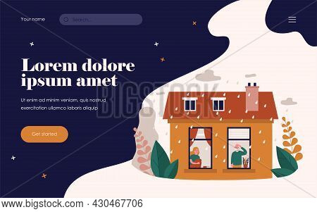 People Staying Home During Rainy Weather. View Through Window, Exterior, Depression Flat Vector Illu