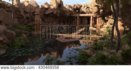 Egyptian Temple And The Pond 3d Illustration