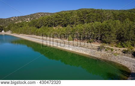 Aerial Drone View Of Dam Full Of Water In The Forest. Prodromos Troodos Mountains Cyprus
