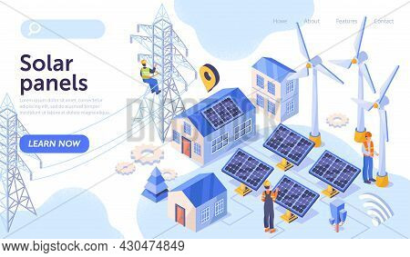 Solar Power Plant Maintenance Concept. Utility Workers Repairing Electric Installations, Boxes On To