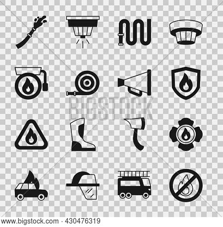 Set No Fire, Firefighter, Protection Shield, Hose Reel, Ringing Alarm Bell, And Megaphone Icon. Vect