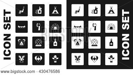 Set Indian Teepee Or Wigwam, Wooden Axe, Kayak, Ice Hockey Stick And Puck, Igloo Ice House, Syrup Wi