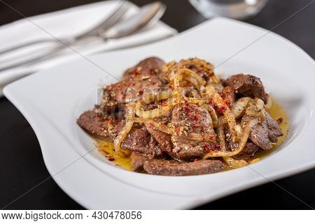 Traditional Turkish Liver Kebab Cuisine. Leaf Liver Spicy. Delicious Turkish Ciger.