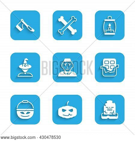 Set Priest, Pumpkin, Tombstone With Rip Written, Chocolate Bar, Basket For Sweets, Witch, Camping La