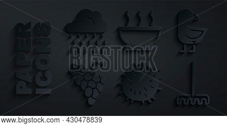 Set Chestnut, Little Chick, Grape Fruit, Garden Rake, Bowl Of Hot Soup And Cloud With Rain Icon. Vec