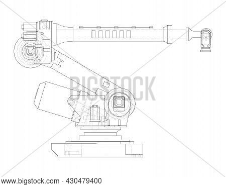 Industrial Robotic Arm. Vector Rendering Of 3d. Wire-frame Style. The Layers Of Visible And Invisibl