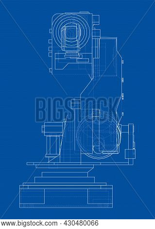 Industrial Robotic Arm. Vector Rendering Of 3d. Wire-frame Style. The Layers Of Visible And Invisibl