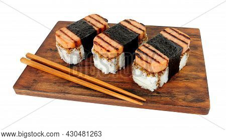 Spam Musubi With Grilled Pork Luncheon Meat And Sushi Rice Wrapped With Roasted Seaweed Nori Isolate