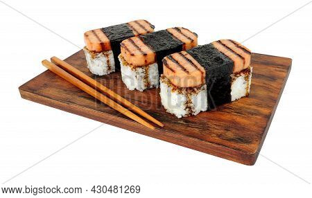 Spam Musubi With Grilled Pork Luncheon Meat And Sushi Rice Wrapped With Roasted Seaweed Nori Isolate