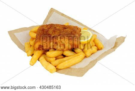 Battered Cod Fish And Chips Meal Wrapped In Brown Paper Isolated On A White Background
