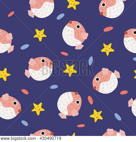 Cheerful Seamless Pattern With Fish Hedgehog And Starfish On A Blue Background. Textile, Print On Cl