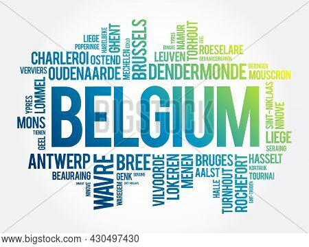 List Of Cities And Towns In Belgium, Word Cloud Collage, Business And Travel Concept Background