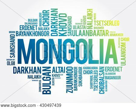 List Of Cities And Towns In Mongolia, Word Cloud Collage, Business And Travel Concept Background