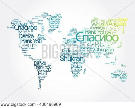 Thank You In Different Languages Word Cloud In Shape Of World Map, Concept Background