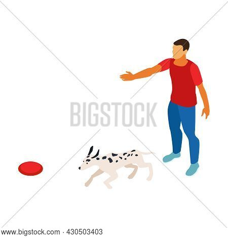 Isometric Dog Sitter Walker Service Composition With Dog Running To Frisby Disk Dropped By Man Vecto