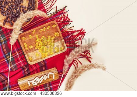 Vitamin And Supliment Banner. Autumn Composition With Wooden Plates With Different Kind Of Gel Capsu