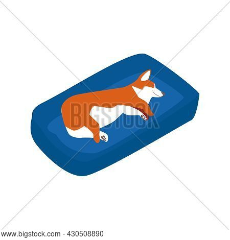 Isometric Dog Sitter Walker Service Composition With Corgi Dog Sleeping In Bed Vector Illustration
