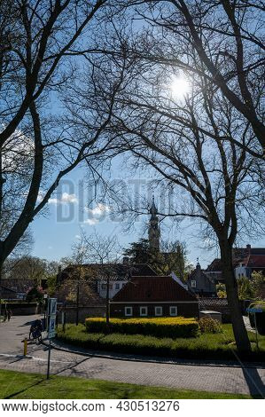 City View On Old Medieval Houses In Small Historical Town Veere In Netherlands, Province Zeeland