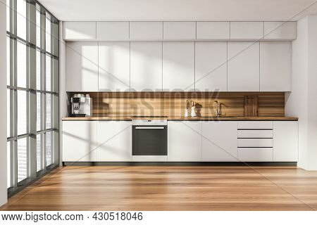 Kitchen Room Interior With Oak Wooden Floor, Electric Cooker, Panoramic Window With Singapore City S
