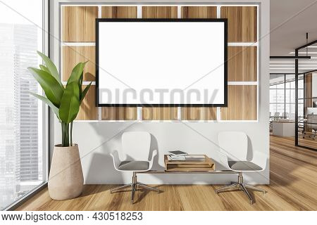 Framed Banner In The Panoramic Waiting Area Near The Corridor. Wood Panels On The Wall With Seat Cof