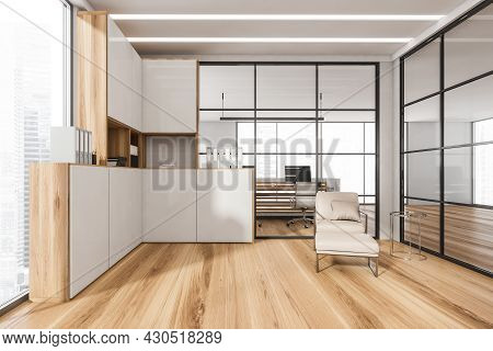 Office Interior With Framed Glass Partition Walls, Led Lights, Parquet, Corner Cabinet, Beige Armcha