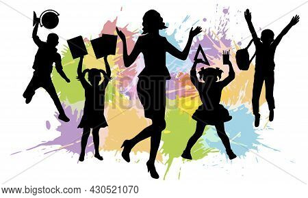 Teacher And First Graders On Background Of Color Splash Blot, Silhouette Of Woman And School Childre