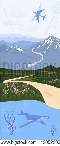 Meadow On A Sunny Day Vector Stock Illustration. Nature Vertical Paper. Green Field, Hill, Road, For