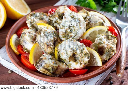 Fried Fish Steaks With Sauce. Healthy Homemade Food. Fried White Fish