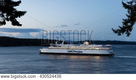Victoria, Vancouver Island, British Columbia, Canada - August 7, 2021: Bc Ferries Boat Leaving The T