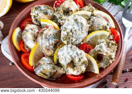 Fried Fish Steaks With Sauce. Healthy Homemade Food. Fried White Fish