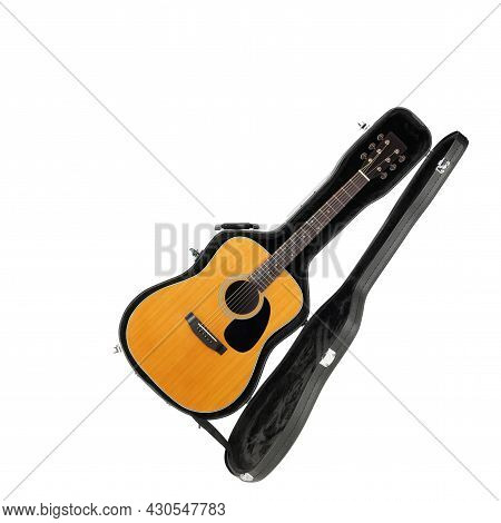 Musical Instrument - Acoustic Retro Guitar Hard Case Isolated On A White Background.