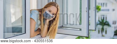 Banner, Long Format Extremly Tired Woman Looking Out The Window, Home Alone. Self-isolation At Home,