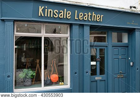 Kinsale, Ireland- July 13, 2021: The Sign For Kinsale Leather Shop In Kinsale