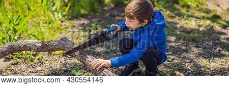Banner, Long Format A Boy Scout Saws Tree Branches For A Fire In The Forest. Scout Camp. Preparing T