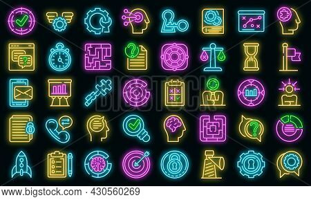 Problem Solving Icons Set. Outline Set Of Problem Solving Vector Icons Neon Color On Black