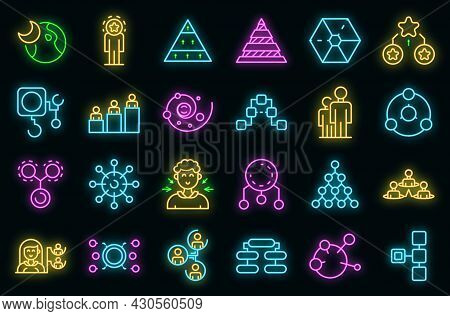 Hierarchy Icons Set. Outline Set Of Hierarchy Vector Icons Neon Color On Black
