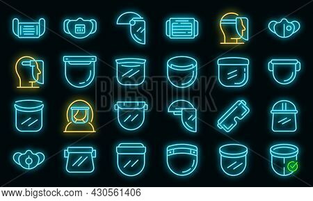 Face Shield Icons Set. Outline Set Of Face Shield Vector Icons Neon Color On Black