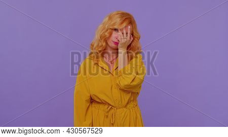 Upset Redhead Stylish Girl In Yellow Dress Making Face Palm Gesture, Feeling Bored, Disappointed In 