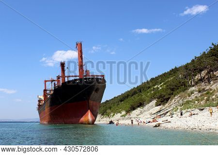 A Multi-ton Large Ship Is Stuck On The Seashore