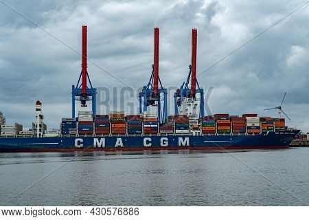 Port Of Hamburg With Its Huge Container Cranes - Hamburg, Germany - May 10, 2021
