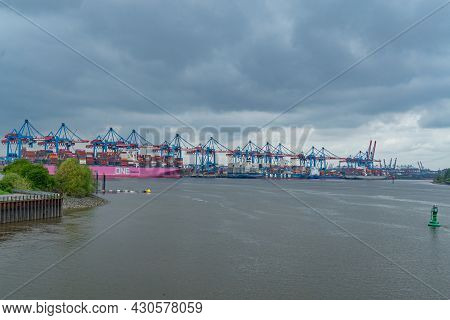 Port Of Hamburg With Its Huge Container Cranes - Hamburg, Germany - May 10, 2021
