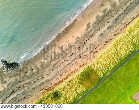Aerial View Of Allonby Village Beach In Allerdale District In Cumbria, Uk
