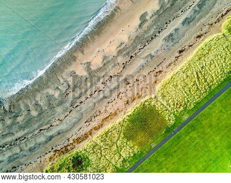 Aerial View Of Allonby Village Beach In Allerdale District In Cumbria, Uk