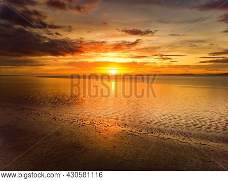 Beautiful Sunset Colors Over The Coastline Of Allerdale District In Cumbria, Uk. Sun Setting Over Th
